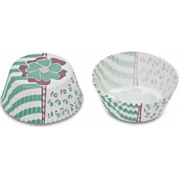 Papier-Cupcake - türkisfarbene Blumen und Streifen