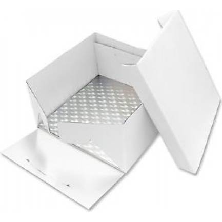 Silberfarbige Tortenunterlage, quadratisch 22,8 cm x 22,8 cm + Tortenschachtel mit Deckel