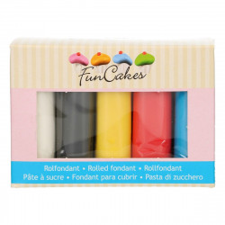Farbige Fondantrollen 5x100 g weiß, schwarz, gelb, rot und blau