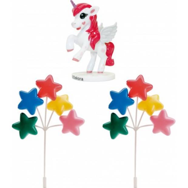 Einhorn-Kuchenfigur und bunte Sterne