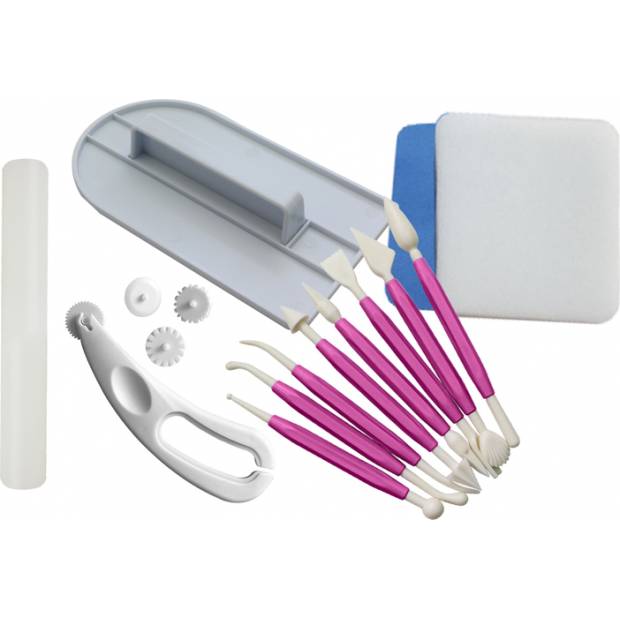 Backset für Konditoren-Set - Zuckersatz 8 Stück, Glätteisen, Nudelholz, Schaumpodest und Rädchen