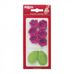 Zucchini Dekoration 8 fuchsia Blumen und 5 grüne Blätter