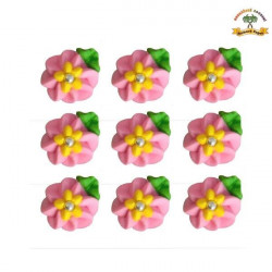 Zuckerdekoration Blüten rosa mit gelbem Zentrum auf Platte, 9 Stück