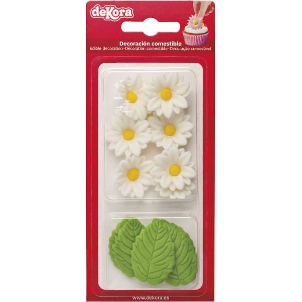 Curková Dekoration 7 weiße Gänseblümchen und 5 Blätter