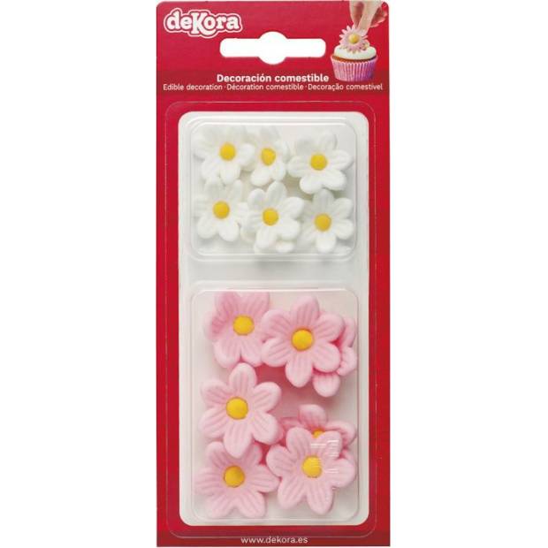 Curková Dekoration 7 weiße und rosa Gänseblümchen