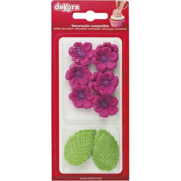 Zucchini Dekoration 8 fuchsia Blumen und 5 grüne Blätter