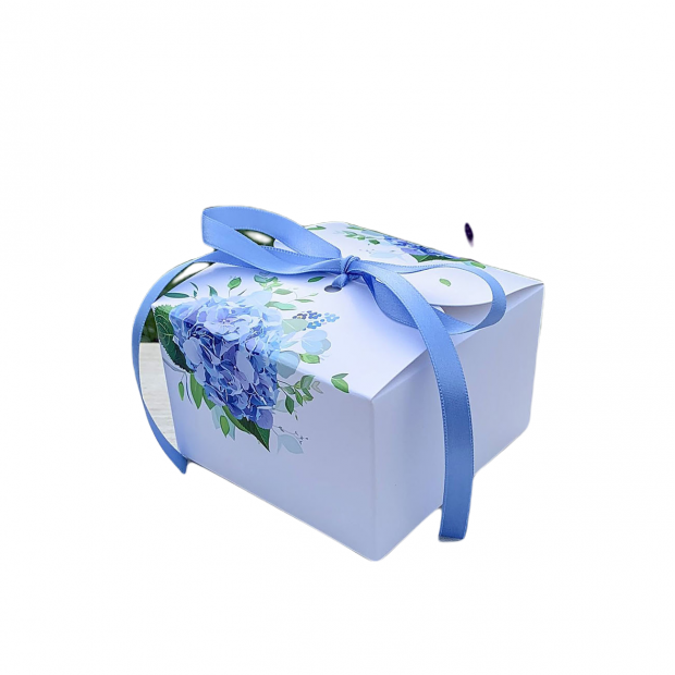 Hochzeitsgeschenkbox weiß mit blauen Hortensien mit Schleife (11 x 11 x 7 cm) 8 Stück