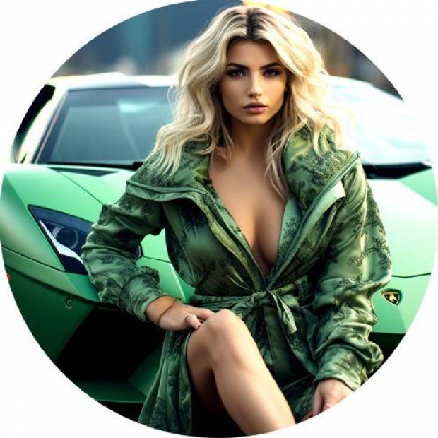 Essbare Papierfrau vor einem Superauto 19,5cm