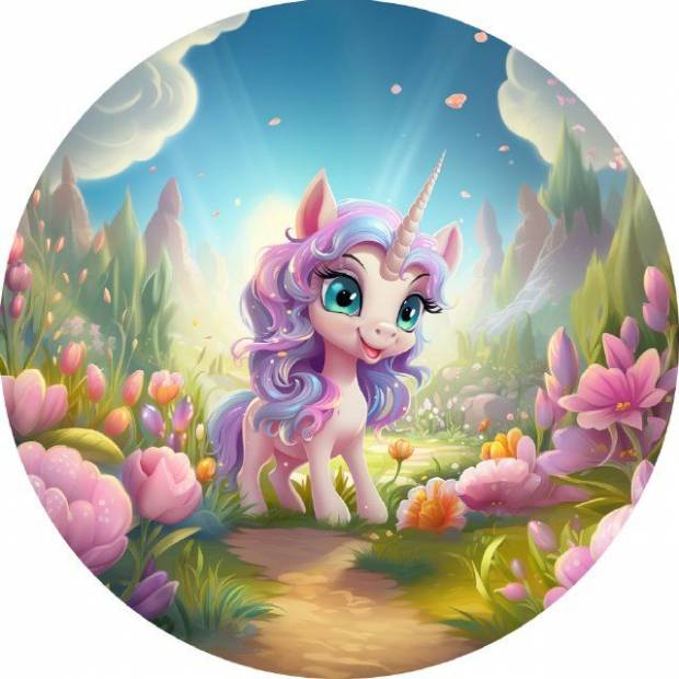 Essbares Papiereinhorn in einem blühenden Garten