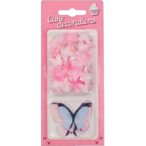 Essbare Papierdekorationen Rosa und blaue Schmetterlinge und rosa Miniblumen (30 Stück)