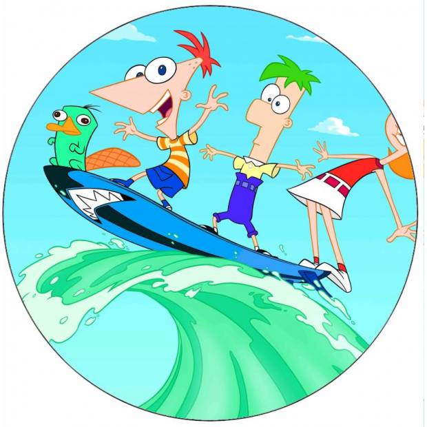 Essbares Papier Phineas und Ferb auf Surfbrett 19,5 cm