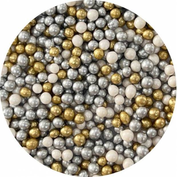 4Kuchen Weiße Perlen, silberne und goldene Zucker-Reisperlen (60 g)