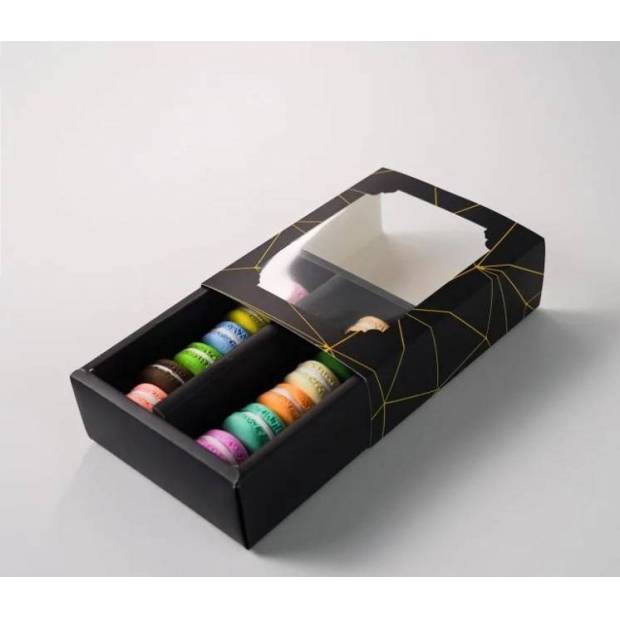 Schachtel für Makronen schwarz mit Goldlinien 15,5 x 12,5 x 5,2 cm (für 10 Stück)