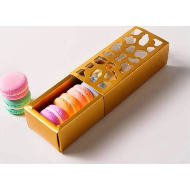 Makronenschachtel gold mit dekoriertem Fenster 13 x 6 x 4 cm (für 4 Stück)