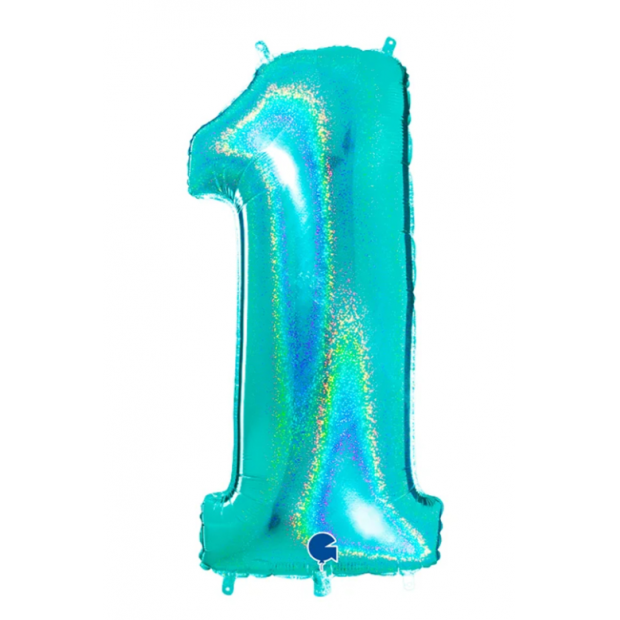 Aufblasbarer Ballon Nr. 1 türkis holografisch 102 cm