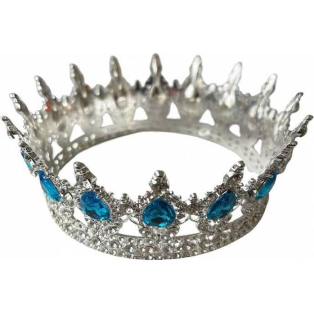 Nicht essbare Dekoration aus Metall, silberne Krone mit blauen Steinen in tränenförmiger Form