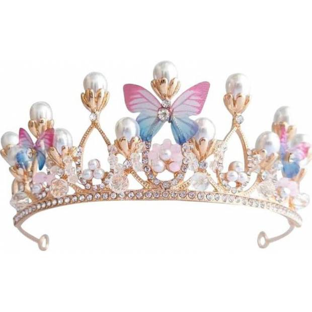 Nicht essbare Dekoration, Metallkrone, goldfarben mit Perlen und Schmetterlingen