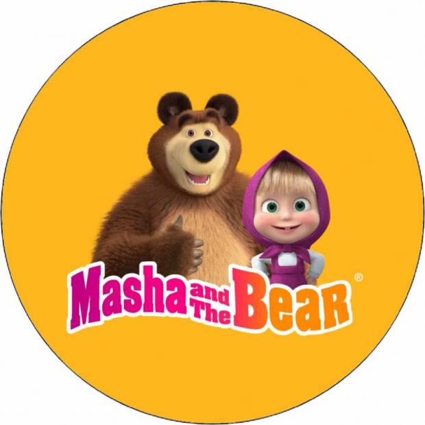 Essbares Papier Máša und Bär auf gelbem Hintergrund 19,5 cm